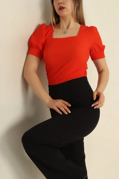 Turuncu Kare Yaka Krinkıl Bluz 270453