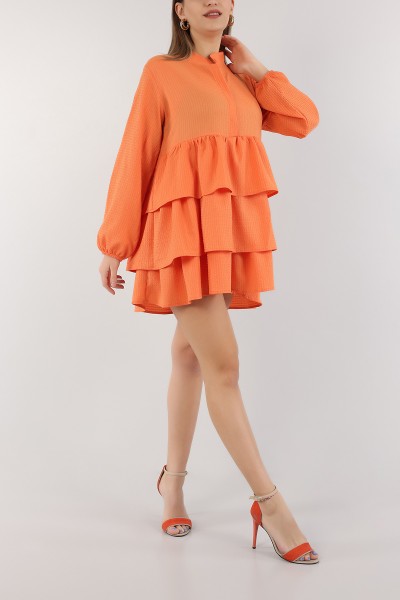 Turuncu Katlı Tasarım Gofre Kumaş Tunik 162583