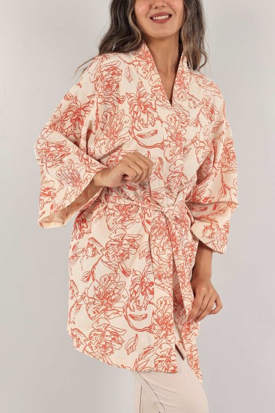 Turuncu Kemerli Desenli Keten Kimono Hırka 131875