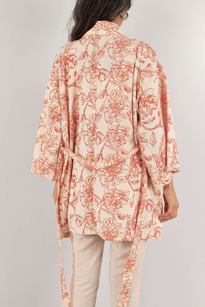 Turuncu Kemerli Desenli Keten Kimono Hırka 131875