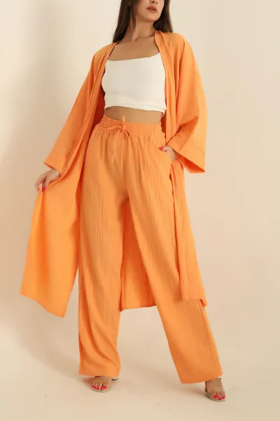 Turuncu Krinkıl Kimono Pantolon İkili Takım 278674