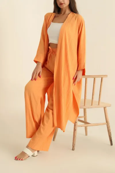 Turuncu Krinkıl Kimono Pantolon İkili Takım 278674