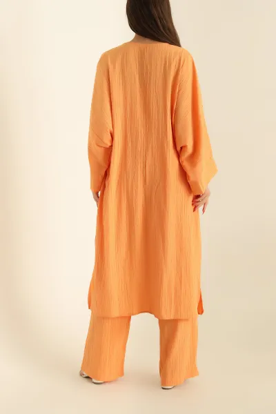 Turuncu Krinkıl Kimono Pantolon İkili Takım 278674