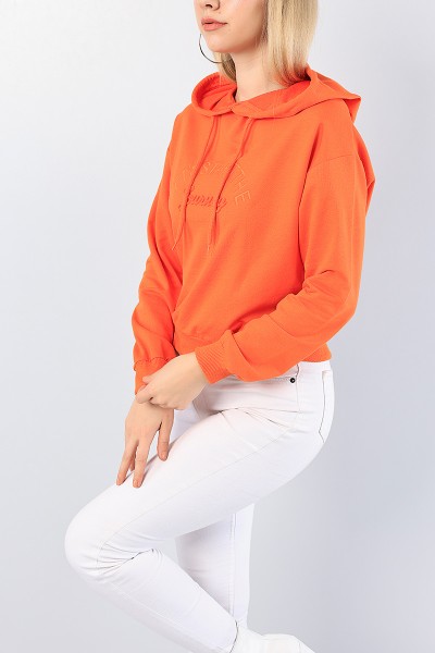 Turuncu Nakışlı Gofre Baskılı Bayan Sweat 76145