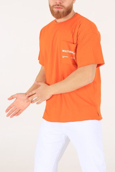Turuncu Oversize Cep Detay Baskılı Tişört 171977