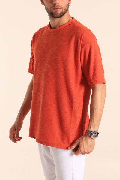Turuncu Oversize Dokulu Bisiklet Yaka Erkek Tişört 181433