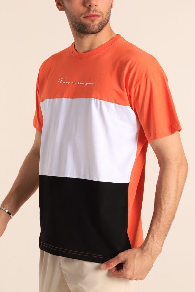 Turuncu Oversize Parçalı Yazı Detay Erkek Tişört 186708