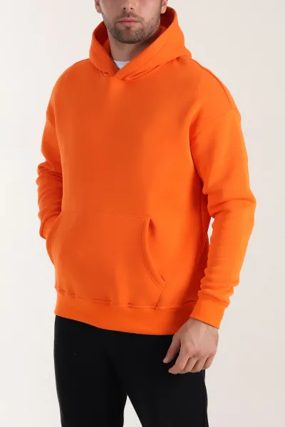 Turuncu Oversize Üç İp Şardonlu Erkek Basic Kapüşonlu Sweatshirt 410485