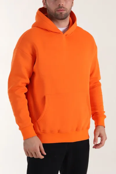 Turuncu Oversize Üç İp Şardonlu Erkek Basic Kapüşonlu Sweatshirt 410485