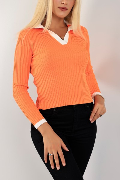 Turuncu Polo Yaka Bayan Triko Kazak 129394