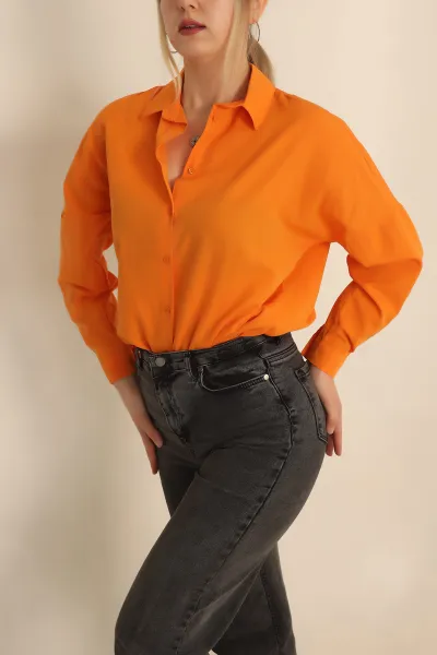 Turuncu Poplin Dokuma Bayan Gömlek 234854