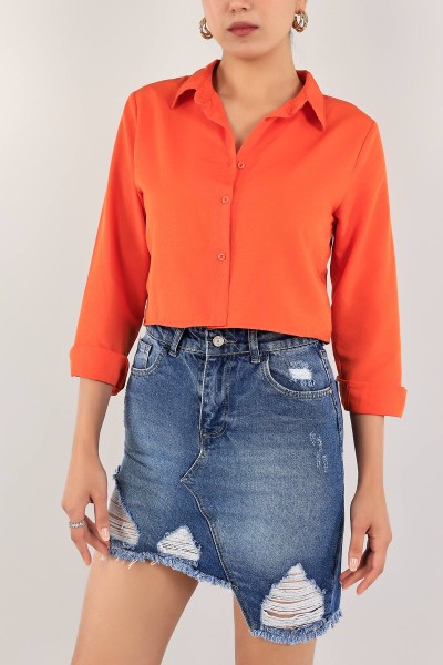 Turuncu Poplin Kumaş Crop Gömlek 118862