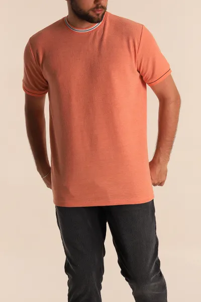 Turuncu Regular Fit Çizgili Yaka Detaylı Erkek Tişört 277155