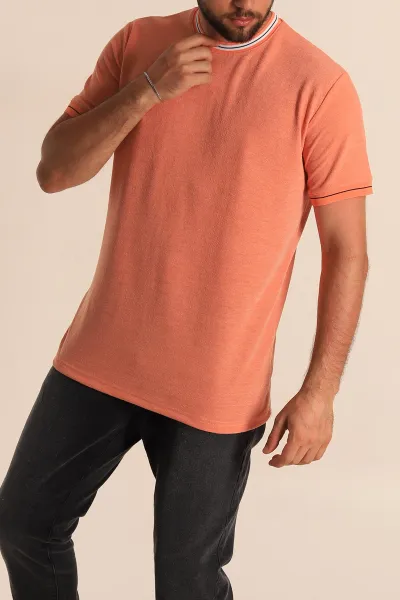 Turuncu Regular Fit Çizgili Yaka Detaylı Erkek Tişört 277155