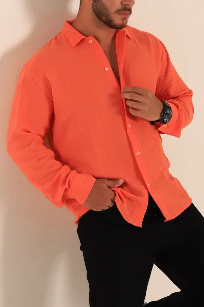 turuncu-relaxed-fit-keten-erkek-gomlek-283764