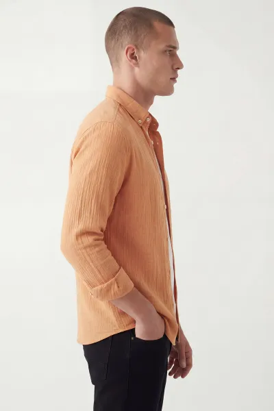 Turuncu Relaxed Fit Müslin Keten Ata Yaka Erkek Gömlek 435754