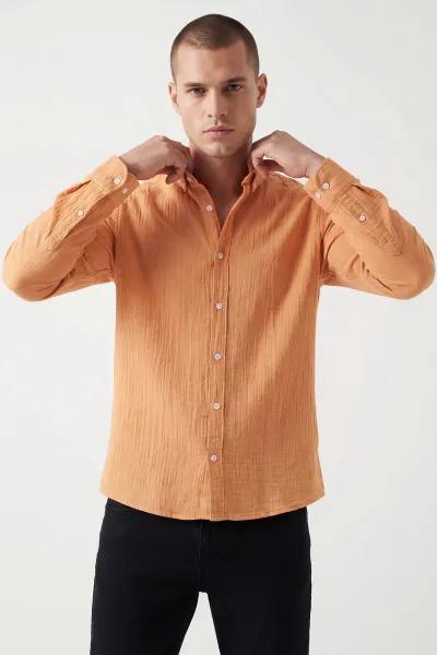 Turuncu Relaxed Fit Müslin Keten Ata Yaka Erkek Gömlek 435754