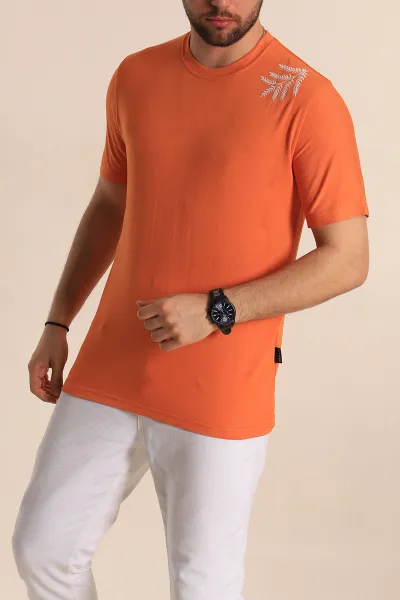 Turuncu Relaxed Fit Nakış Detaylı Likralı Erkek Tişört 268515