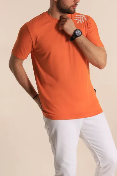 Turuncu Relaxed Fit Nakış Detaylı Likralı Erkek Tişört 268515