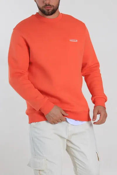 Turuncu Relaxed Fit Üç İp Şardonlu Kabartma Yazı Detay Erkek Sweatshirt 310410