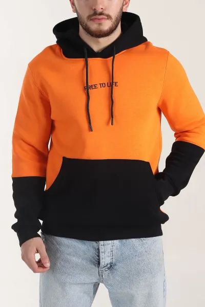 Turuncu Siyah Üç İp Şardonlu Kapüşonlu Yazı Detaylı Erkek Sweatshirt 404758