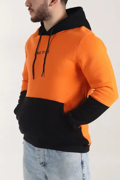 Turuncu Siyah Üç İp Şardonlu Kapüşonlu Yazı Detaylı Erkek Sweatshirt 404758