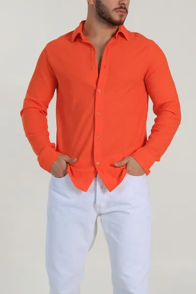 Turuncu Slim Fit Petek Dokulu Uzun Kollu Erkek Gömlek 325215
