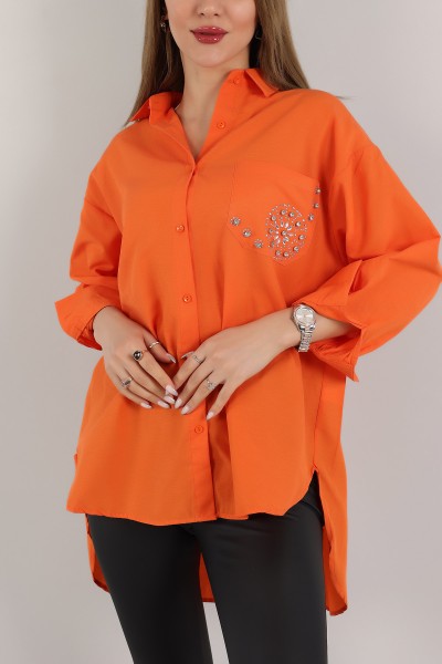 Turuncu Taş İşlemeli Poplin Dokuma Gömlek Tunik 159251