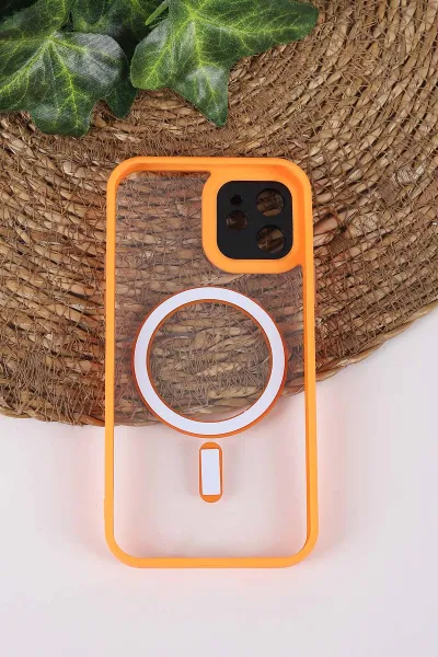 Turuncu TeknoCase İPhone 12 Uyumlu Wesley Case Serisi Magsafe Özellikli Transparan Sert Silikon Telefon Kılıfı 430584