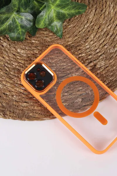 Turuncu TeknoCase İPhone 12 Uyumlu Wesley Case Serisi Magsafe Özellikli Transparan Sert Silikon Telefon Kılıfı 430584