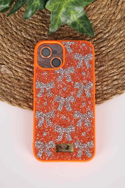 Turuncu TeknoCase İPhone 13 Uyumlu Perfect Diamond Case Serisi Taşlı Lens Hediyeli Sert Silikon Telefon Kılıfı 480776