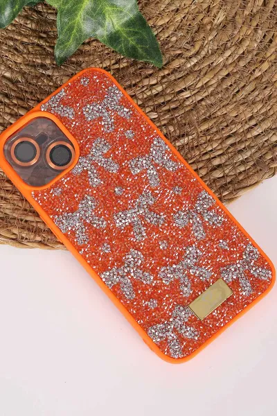Turuncu TeknoCase İPhone 13 Uyumlu Perfect Diamond Case Serisi Taşlı Lens Hediyeli Sert Silikon Telefon Kılıfı 480776