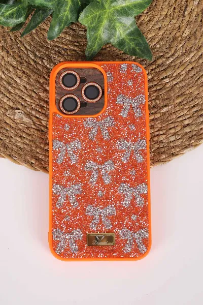 Turuncu TeknoCase İPhone 14 Pro Max Uyumlu Perfect Diamond Case Serisi Taşlı Lens Hediyeli Sert Silikon Telefon Kılıfı 480802
