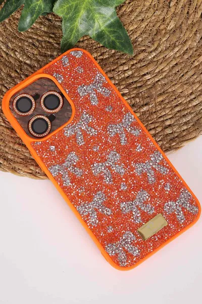 Turuncu TeknoCase İPhone 14 Pro Max Uyumlu Perfect Diamond Case Serisi Taşlı Lens Hediyeli Sert Silikon Telefon Kılıfı 480802