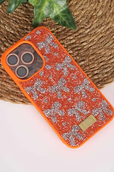 Turuncu TeknoCase İPhone 14 Pro Uyumlu Perfect Diamond Case Serisi Taşlı Lens Hediyeli Sert Silikon Telefon Kılıfı 480796