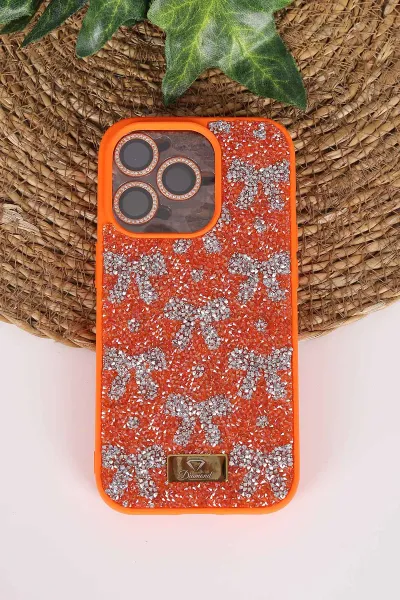 Turuncu TeknoCase İPhone 14 Pro Uyumlu Perfect Diamond Case Serisi Taşlı Lens Hediyeli Sert Silikon Telefon Kılıfı 480796