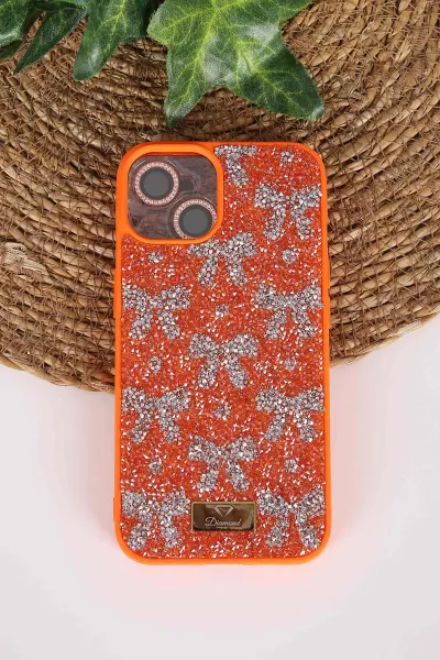 Turuncu TeknoCase İPhone 14 Uyumlu Perfect Diamond Case Serisi Taşlı Lens Hediyeli Sert Silikon Telefon Kılıfı 480782