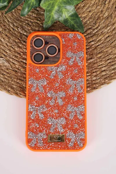 Turuncu TeknoCase İPhone 15 Pro Max Uyumlu Perfect Diamond Case Serisi Taşlı Lens Hediyeli Sert Silikon Telefon Kılıfı 480824