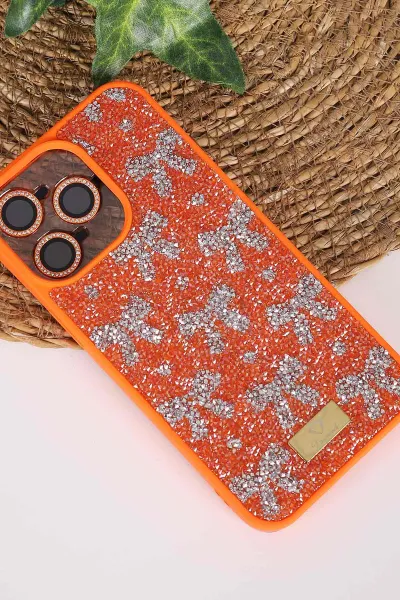 Turuncu TeknoCase İPhone 15 Pro Max Uyumlu Perfect Diamond Case Serisi Taşlı Lens Hediyeli Sert Silikon Telefon Kılıfı 480824