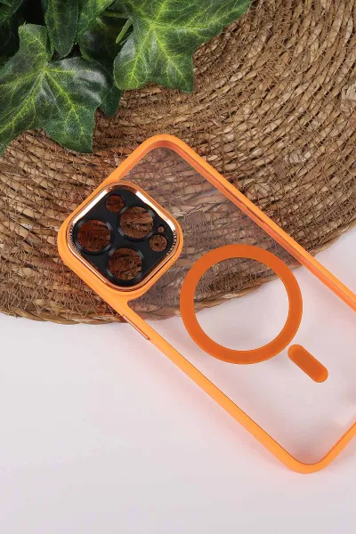 Turuncu TeknoCase İPhone 15 Pro Max Uyumlu Wesley Case Serisi Magsafe Özellikli Transparan Sert Silikon Telefon Kılıfı 430609