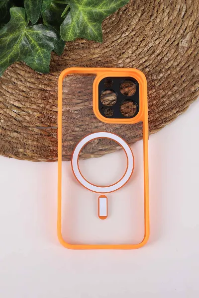 Turuncu TeknoCase İPhone 15 Pro Max Uyumlu Wesley Case Serisi Magsafe Özellikli Transparan Sert Silikon Telefon Kılıfı 430609