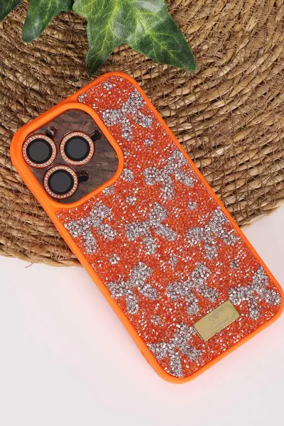 Turuncu TeknoCase İPhone 15 Pro Uyumlu Perfect Diamond Case Serisi Taşlı Lens Hediyeli Sert Silikon Telefon Kılıfı 480818