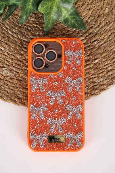 Turuncu TeknoCase İPhone 15 Pro Uyumlu Perfect Diamond Case Serisi Taşlı Lens Hediyeli Sert Silikon Telefon Kılıfı 480818