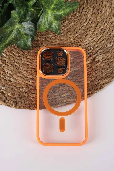 Turuncu TeknoCase İPhone 15 Pro Uyumlu Wesley Case Serisi Magsafe Özellikli Transparan Sert Silikon Telefon Kılıfı 430604