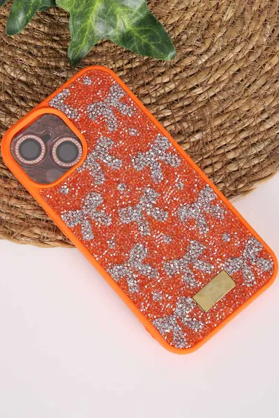 Turuncu TeknoCase İPhone 15 Uyumlu Perfect Diamond Case Serisi Taşlı Lens Hediyeli Sert Silikon Telefon Kılıfı 480812