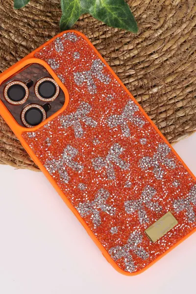 Turuncu TeknoCase İPhone 16 Pro Max Uyumlu Perfect Diamond Case Serisi Taşlı Lens Hediyeli Sert Silikon Telefon Kılıfı 480849