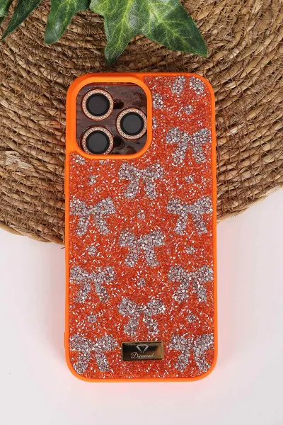Turuncu TeknoCase İPhone 16 Pro Max Uyumlu Perfect Diamond Case Serisi Taşlı Lens Hediyeli Sert Silikon Telefon Kılıfı 480849
