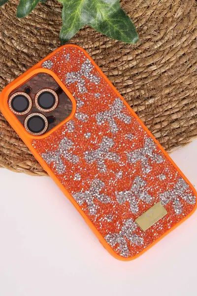 Turuncu TeknoCase İPhone 16 Pro Uyumlu Perfect Diamond Case Serisi Taşlı Lens Hediyeli Sert Silikon Telefon Kılıfı 480839