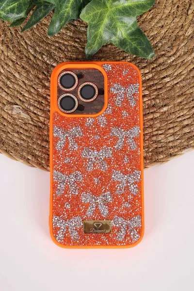 Turuncu TeknoCase İPhone 16 Pro Uyumlu Perfect Diamond Case Serisi Taşlı Lens Hediyeli Sert Silikon Telefon Kılıfı 480839