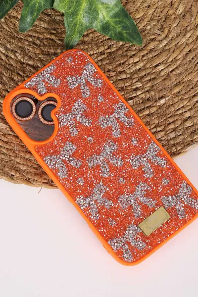 Turuncu TeknoCase İPhone 16 Uyumlu Perfect Diamond Case Serisi Taşlı Lens Hediyeli Sert Silikon Telefon Kılıfı 480833